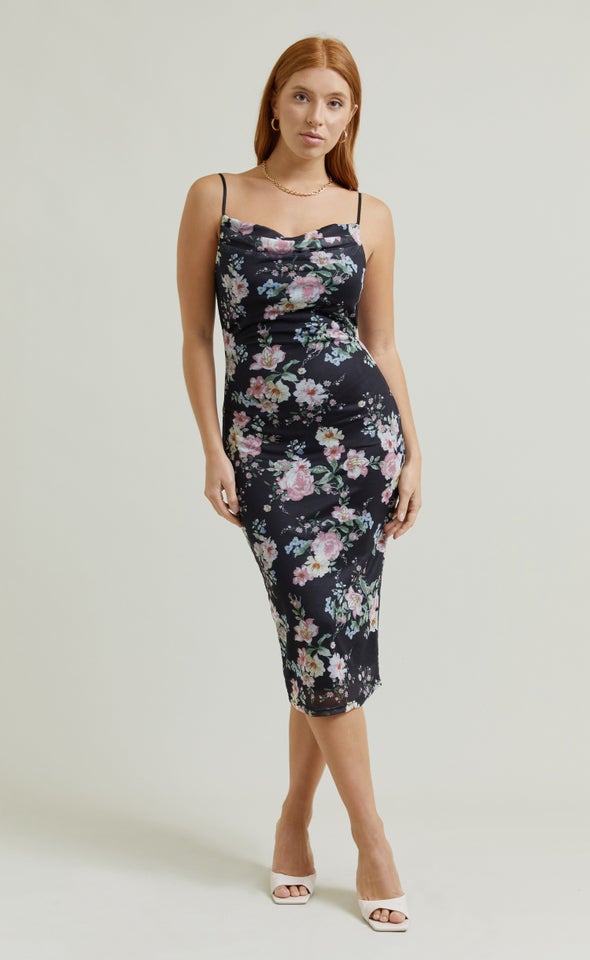 Printed Mesh Cowl Slip Dress Black/floral