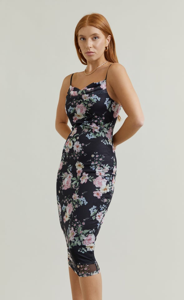 Printed Mesh Cowl Slip Dress Black/floral