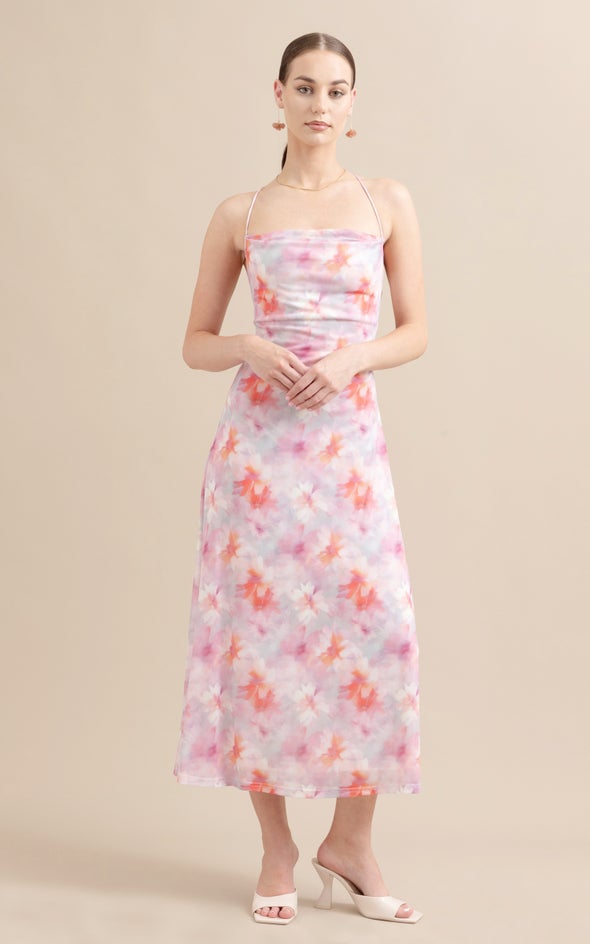 Printed Mesh Cross Back Dress Multi/pink