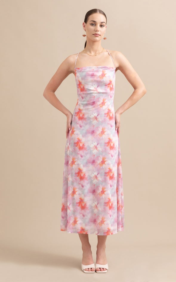 Printed Mesh Cross Back Dress Multi/pink