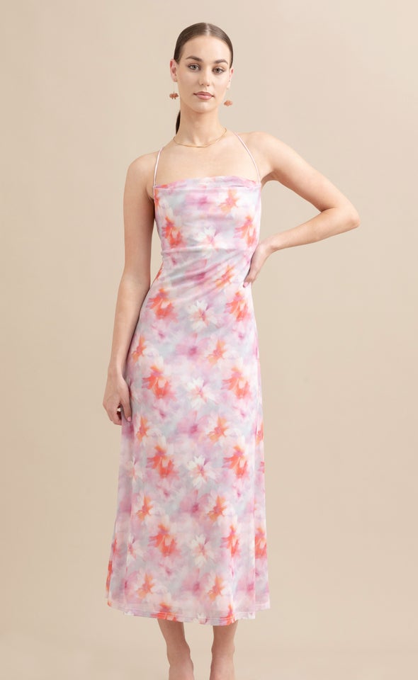 Printed Mesh Cross Back Dress Multi/pink