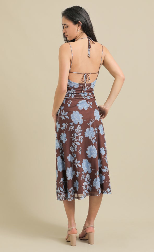 Printed Mesh Cross Back Midi Dress Blue/floral