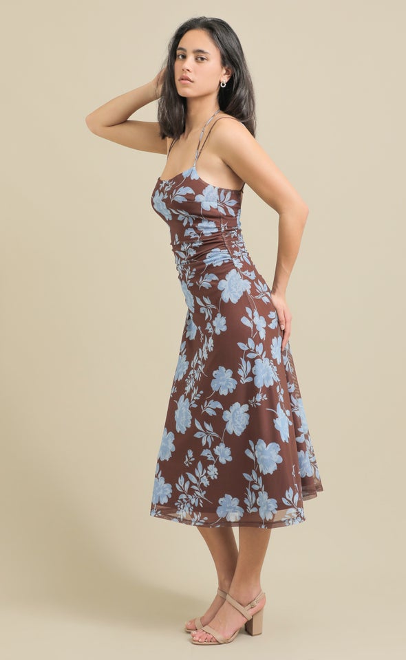 Printed Mesh Cross Back Midi Dress Blue/floral