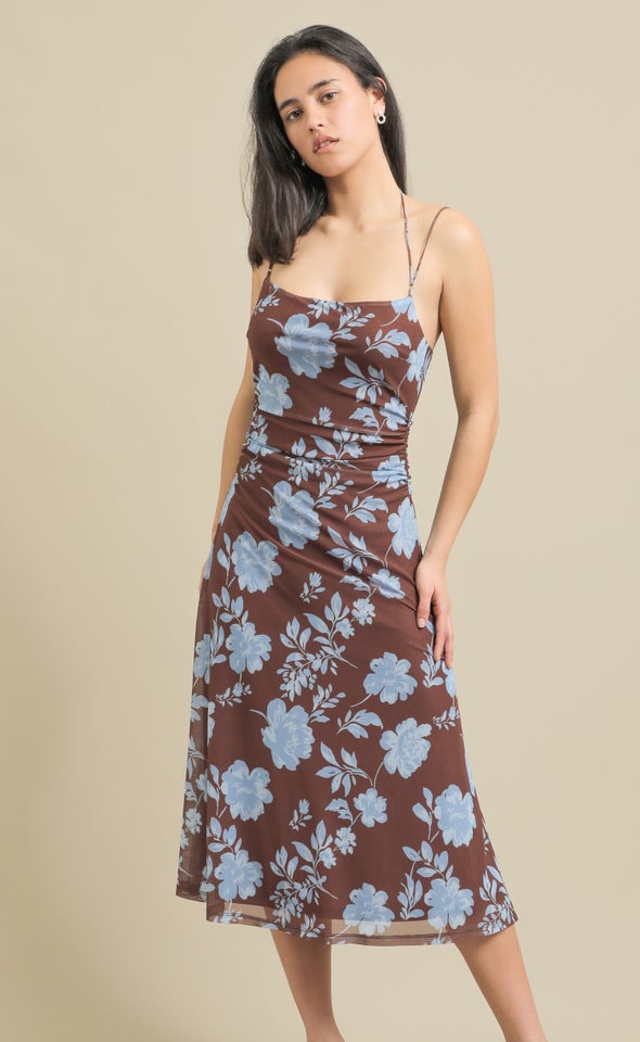 Printed Mesh Cross Back Midi Dress Blue/floral