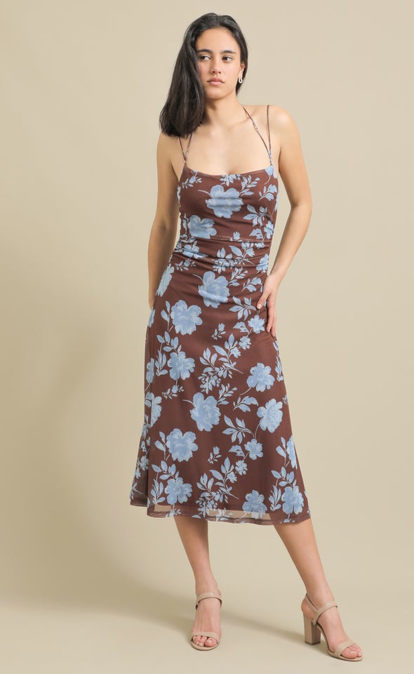 Printed Mesh Cross Back Midi Dress Blue/floral