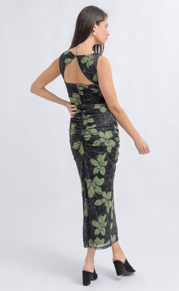Printed Mesh Keyhole Detail Midi Dress Black/floral