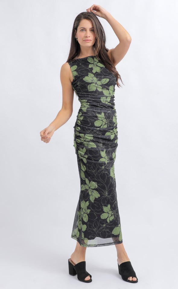 Printed Mesh Keyhole Detail Midi Dress Black/floral