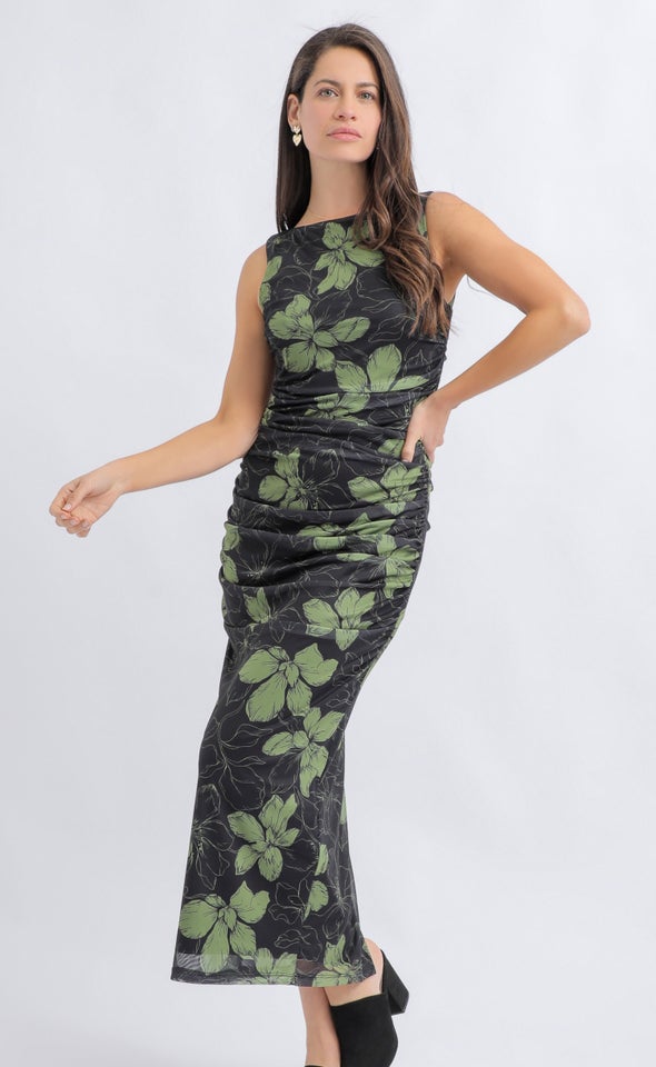 Printed Mesh Keyhole Detail Midi Dress Black/floral
