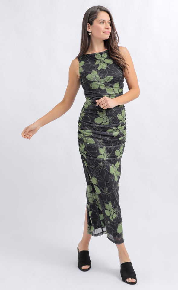Printed Mesh Keyhole Detail Midi Dress Black/floral