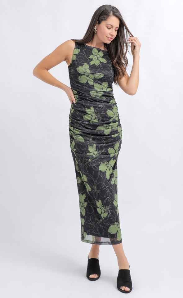 Printed Mesh Keyhole Detail Midi Dress Black/floral