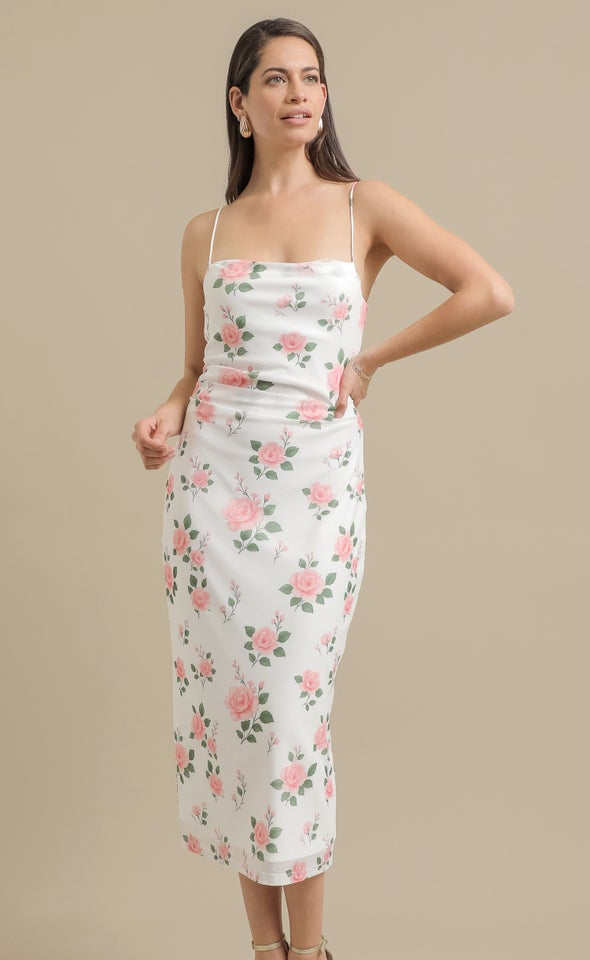 Printed Mesh Midi Dress Cream/floral