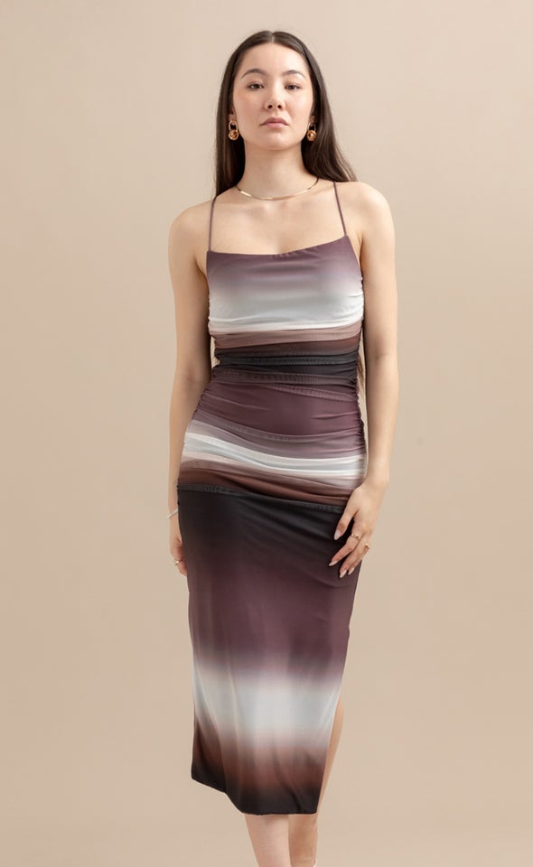 Printed Mesh Ruched Midi Dress Ombre Chocolate