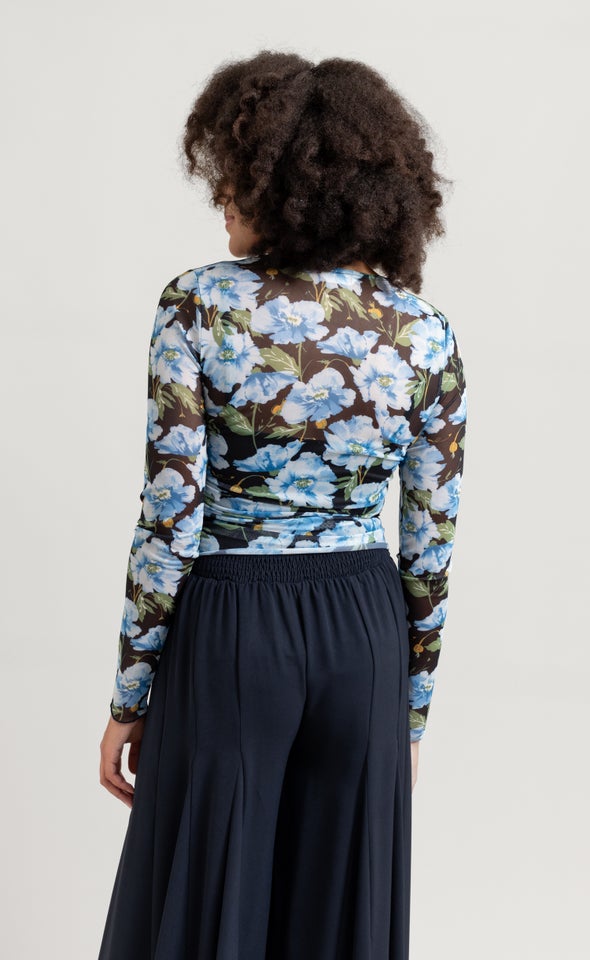 Printed Mesh Ruched Top Blue/floral