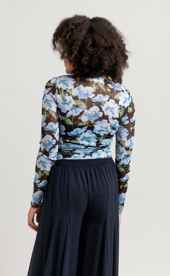Printed Mesh Ruched Top Blue/floral