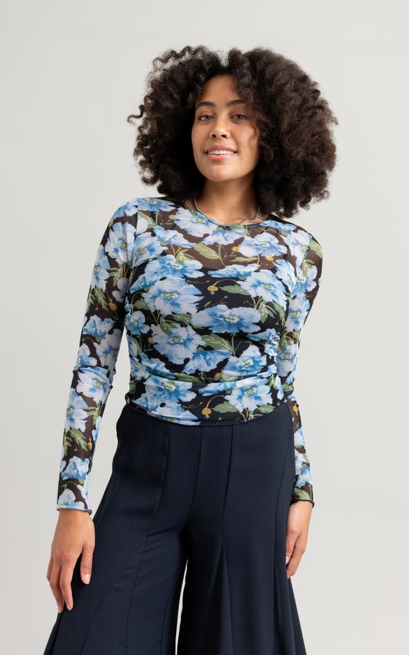 Printed Mesh Ruched Top Blue/floral