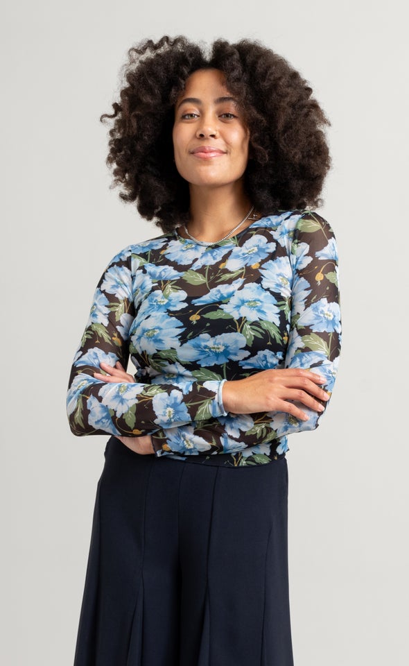 Printed Mesh Ruched Top Blue/floral