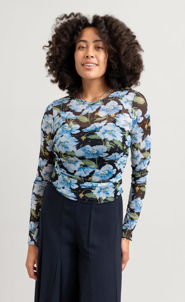 Printed Mesh Ruched Top Blue/floral