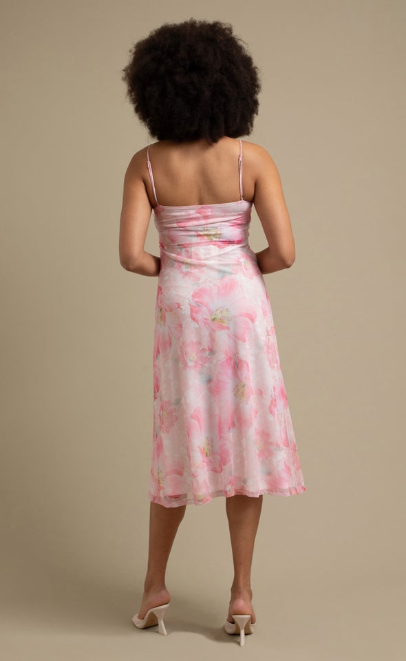 Printed Mesh Scoop Back Midi Dress Pink/floral