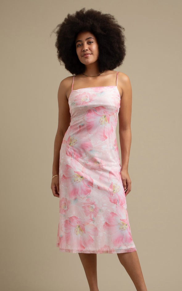 Floral Midi Dress Pink Floral Mesh Dress Printed Mesh Scoop Back