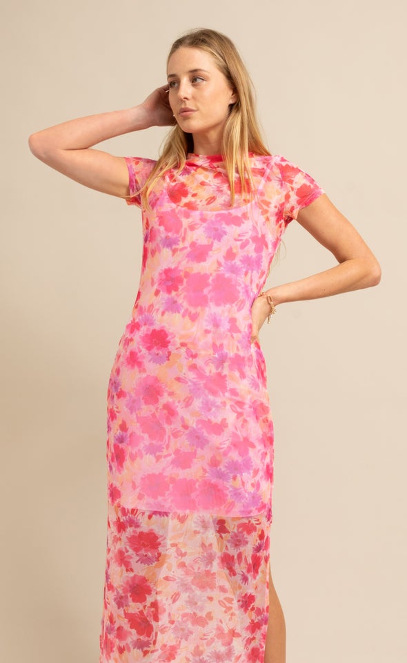 Printed Mesh SS Midi Dress Pink/floral