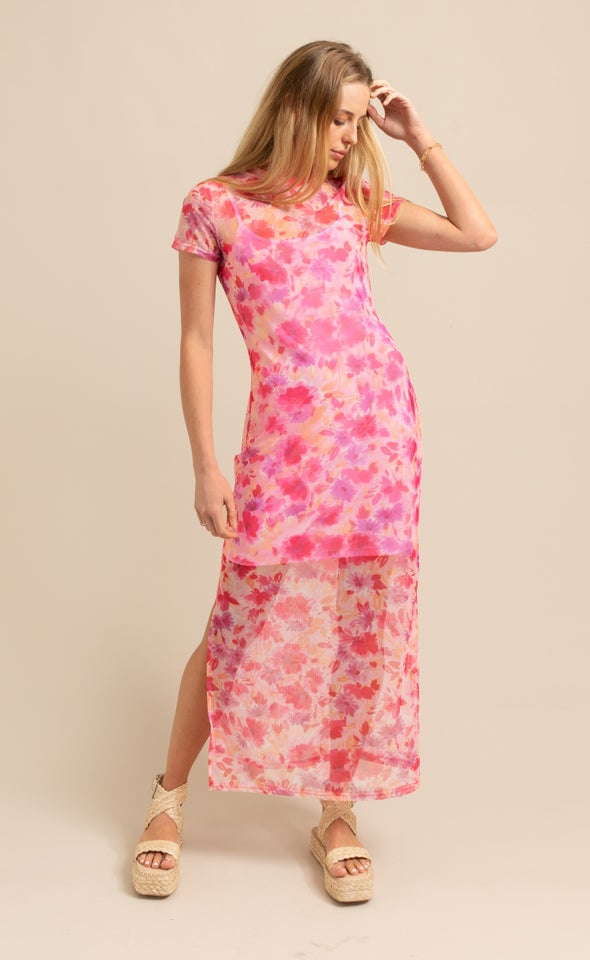 Printed Mesh SS Midi Dress Pink/floral