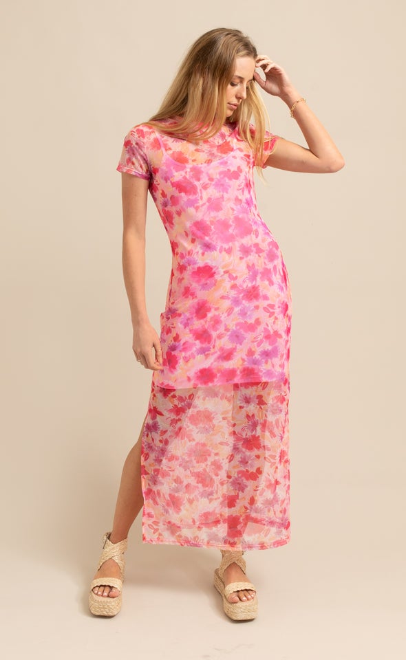 Printed Mesh SS Midi Dress Pink/floral
