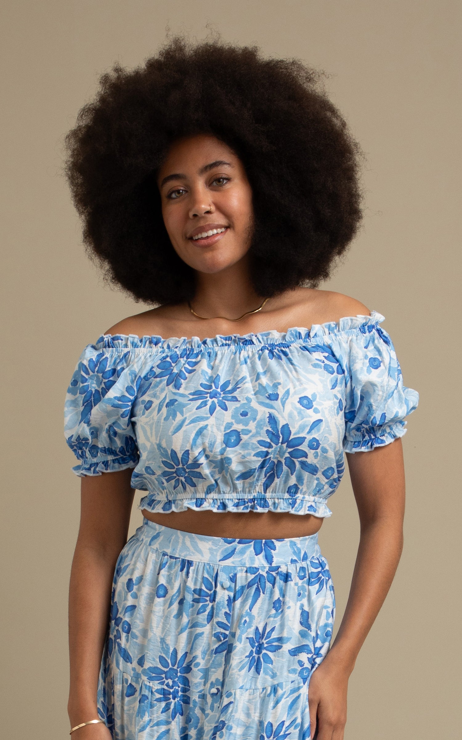Shop our Printed Off The Shoulder Top in Blue print | Pagani