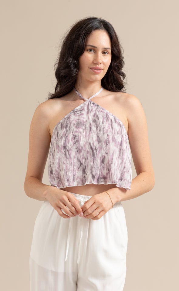 Printed Plisse Halter Top Lilac/tie Dye