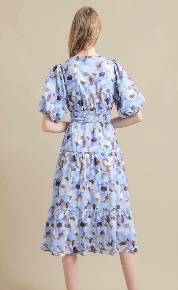 Printed Poplin Puff Sleeve Dress Blue/abstract