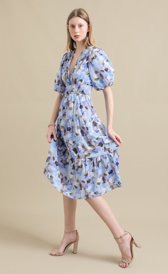 Printed Poplin Puff Sleeve Dress Blue/abstract