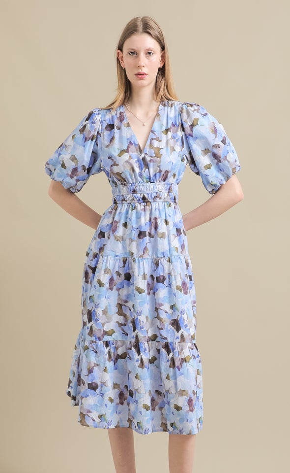 Printed Poplin Puff Sleeve Dress Blue/abstract