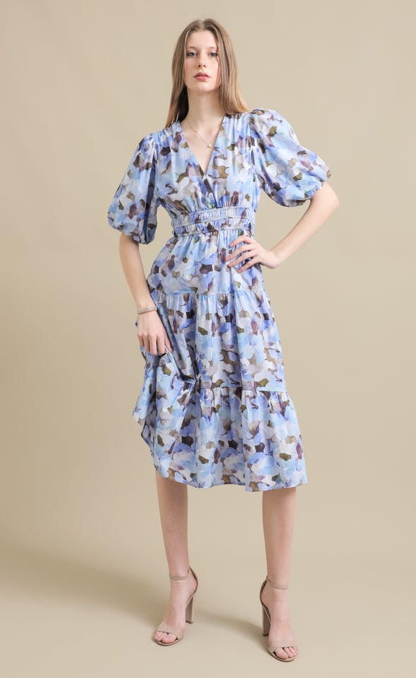Printed Poplin Puff Sleeve Dress Blue/abstract