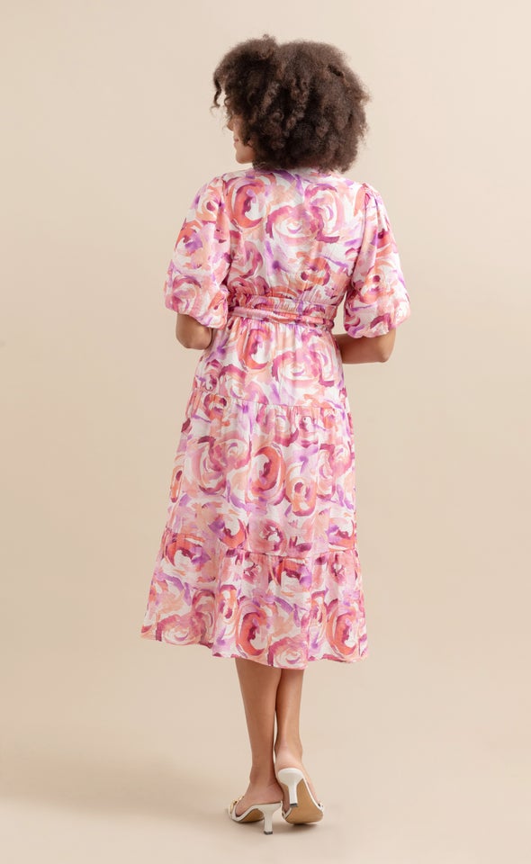 Printed Puff Sleeve Dress Cream/abstract