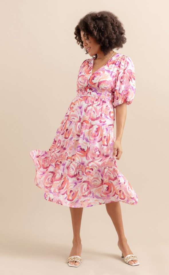 Printed Puff Sleeve Dress Cream/abstract