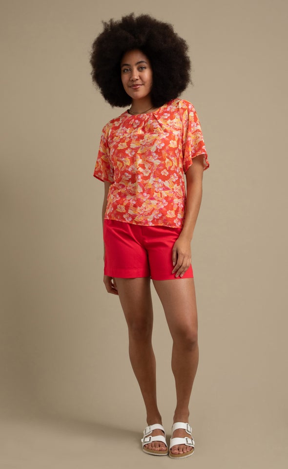 Printed Rayon Pleat Front Top Tropical Print