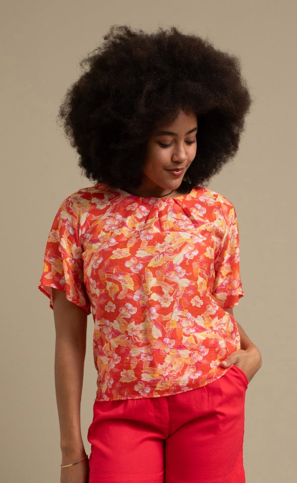 Printed Rayon Pleat Front Top Tropical Print