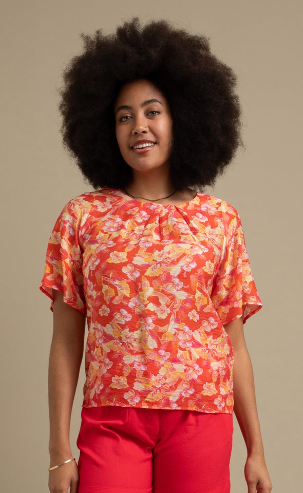 Printed Rayon Pleat Front Top Tropical Print