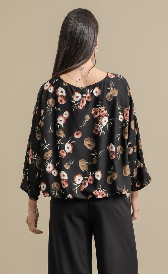 Printed Satin Batwing Top Black/olive Print