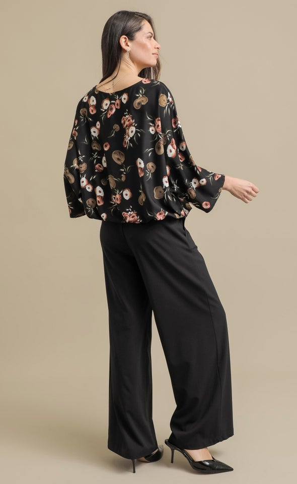 Printed Satin Batwing Top Black/olive Print