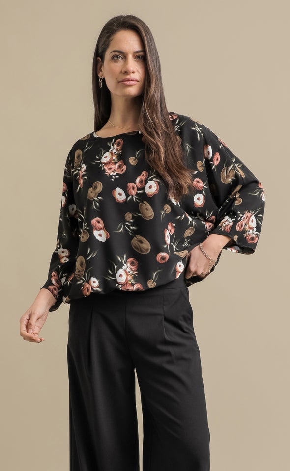 Printed Satin Batwing Top Black/olive Print