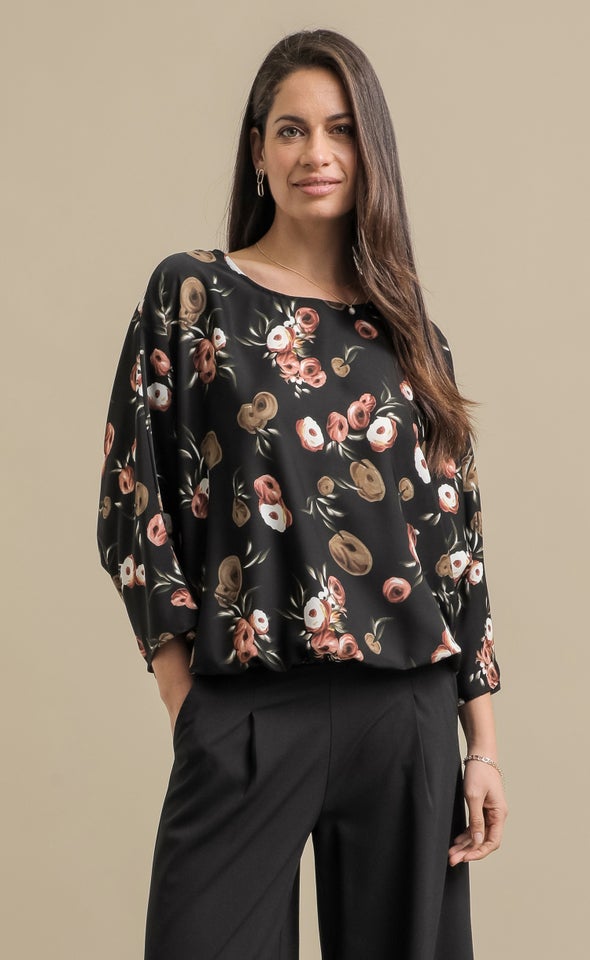 Printed Satin Batwing Top Black/olive Print