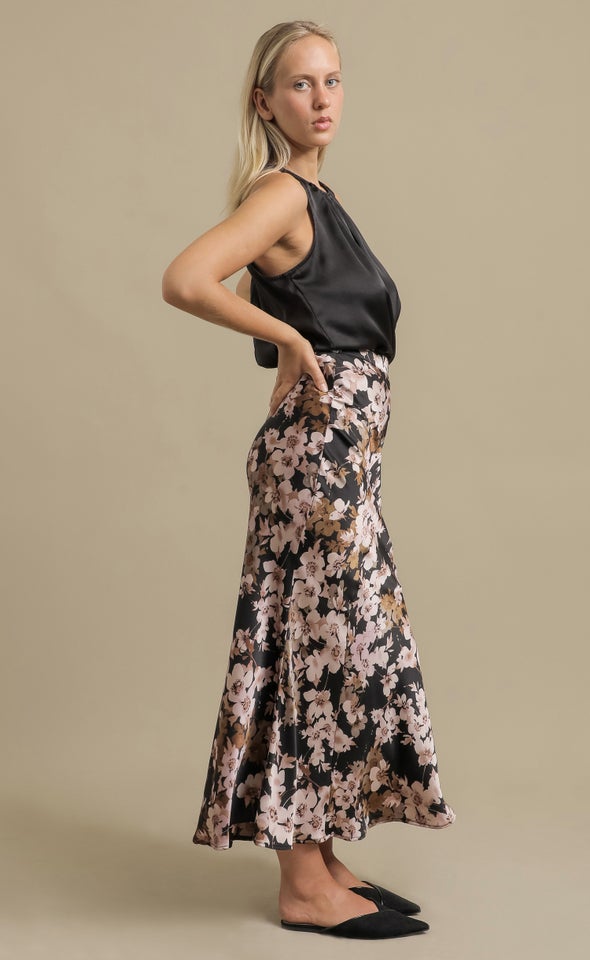 Printed Satin Bias Maxi Skirt Black/floral