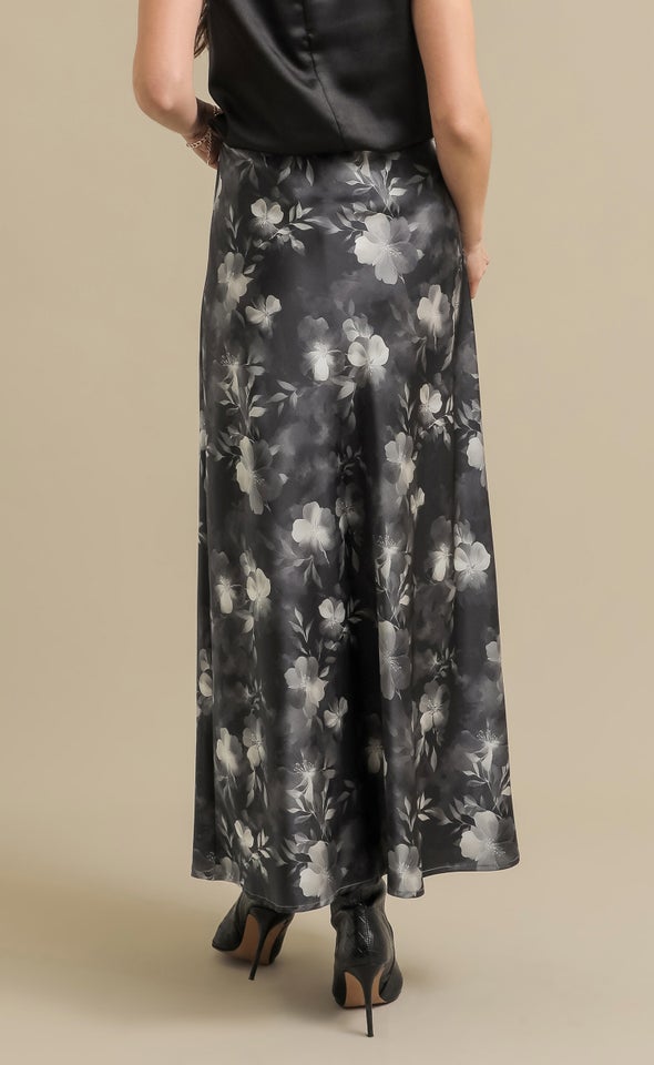Printed Satin Elastic Waist Maxi Skirt Black/floral