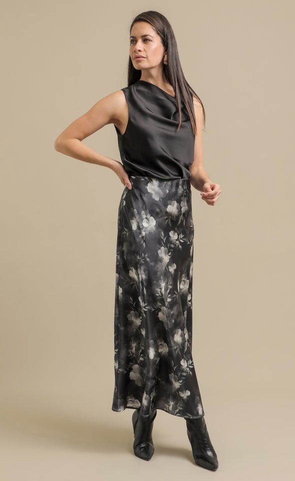 Printed Satin Elastic Waist Maxi Skirt Black/floral