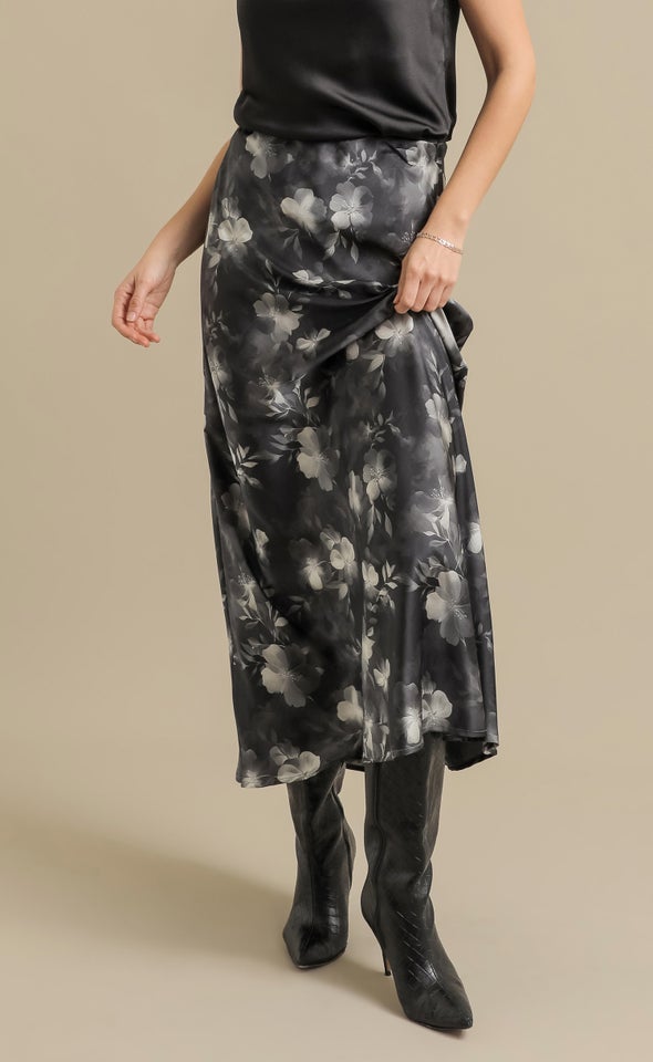 Printed Satin Elastic Waist Maxi Skirt Black/floral
