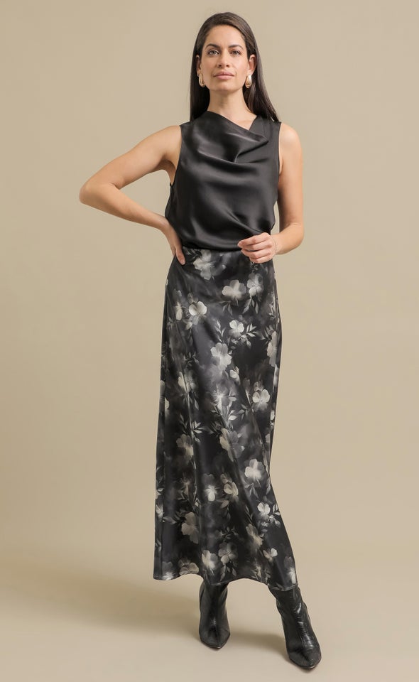 Printed Satin Elastic Waist Maxi Skirt Black/floral