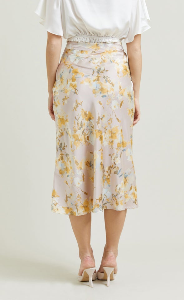 Printed Satin Midi Skirt Pink Print