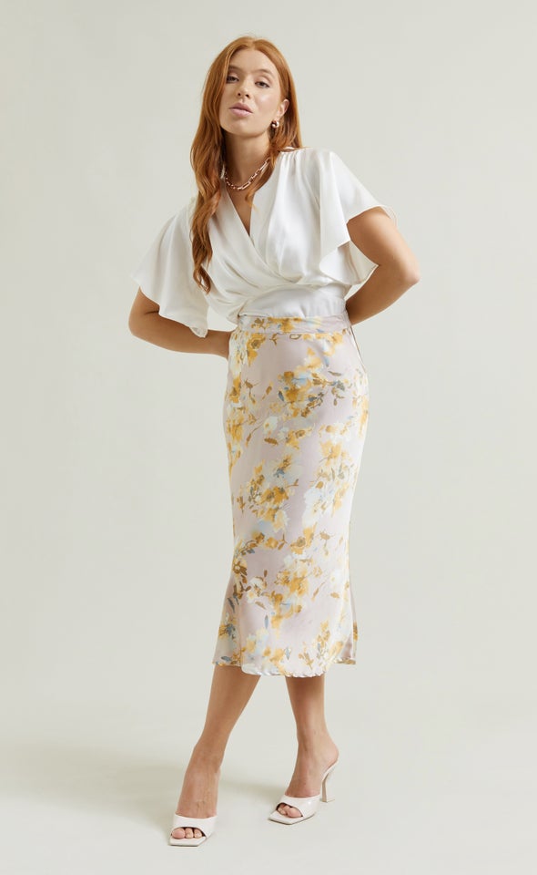 Printed Satin Midi Skirt