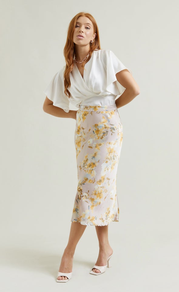 Printed Satin Midi Skirt Pink Print