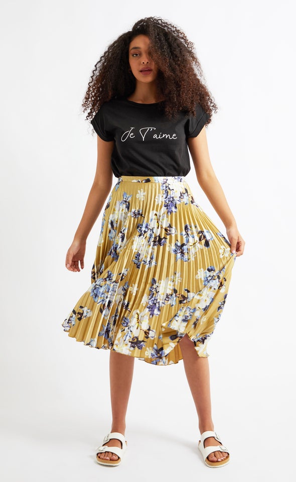 Printed Satin Pleat Midi Skirt
